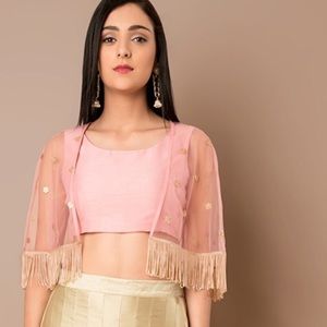 Gold beige Ethnic crop top embroidered cape jacket